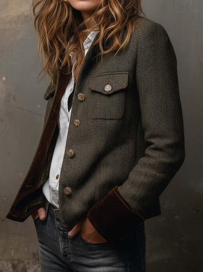 Bella | Blazer Vintage a Spina di Pesce con Profili a Contrasto