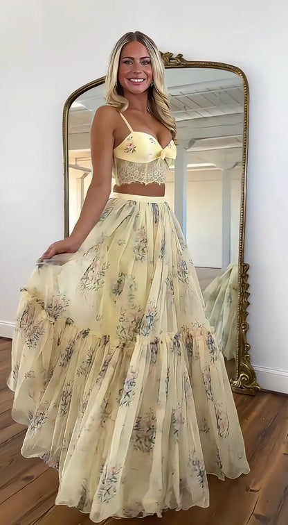 Conjunto Falda Floral Amarillo Pálido | Camila Lopez
