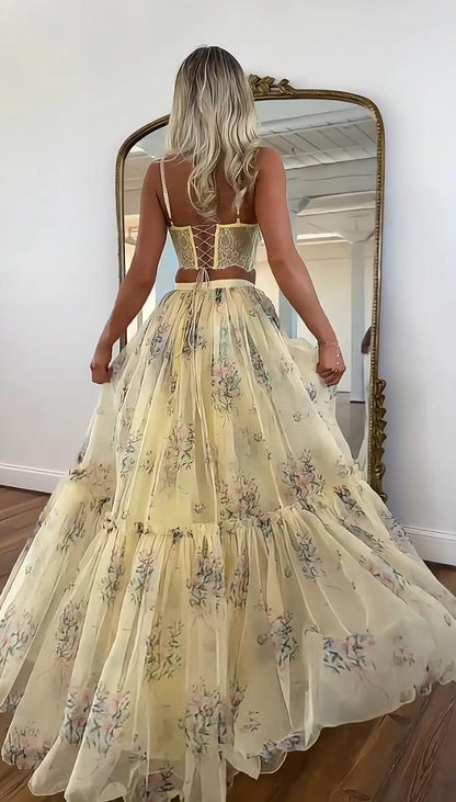 Conjunto Falda Floral Amarillo Pálido | Camila Lopez