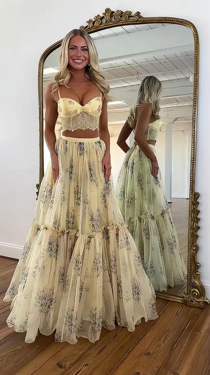 Conjunto Falda Floral Amarillo Pálido | Camila Lopez