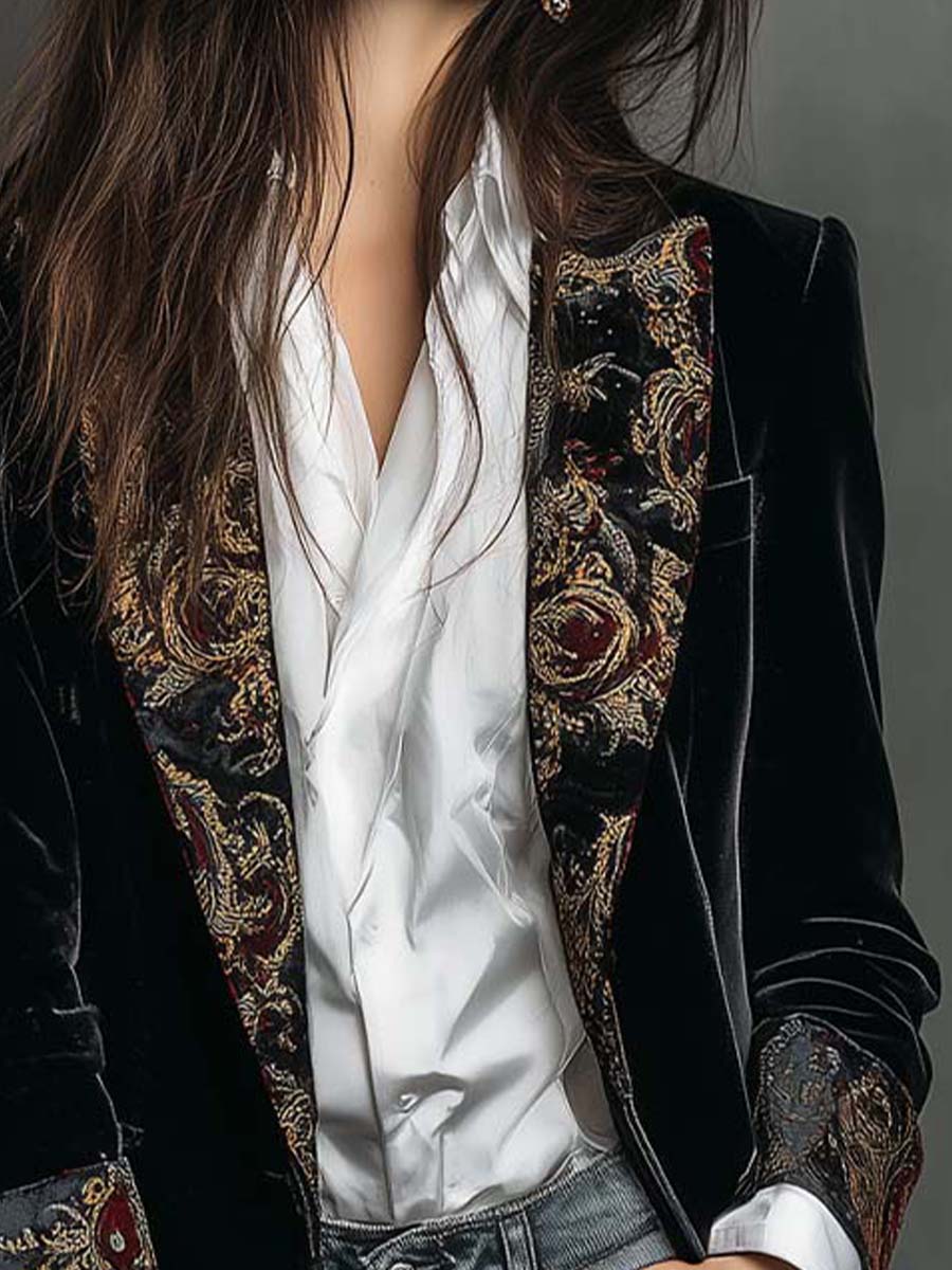 Camilla | Blazer Aderente con Stampa Barocca Nera