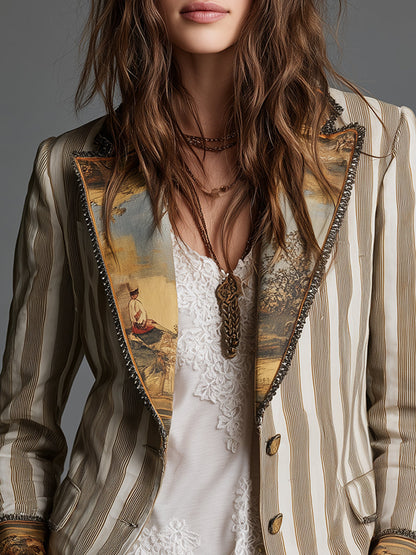 Rosanna | Blazer Bohémien a Righe con Colletto Stampato