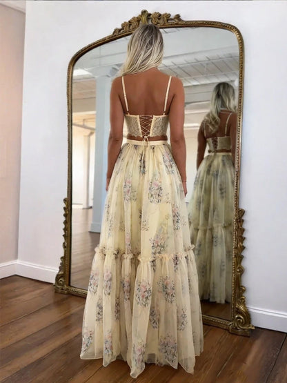 Conjunto Falda Floral Amarillo Pálido | Camila Lopez