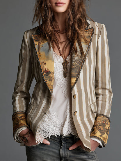 Rosanna | Blazer Bohémien a Righe con Colletto Stampato