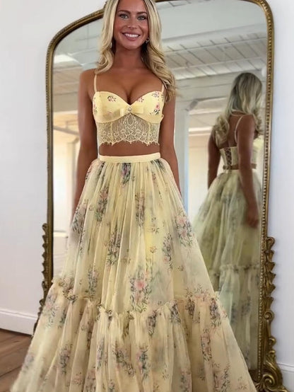 Conjunto Falda Floral Amarillo Pálido | Camila Lopez