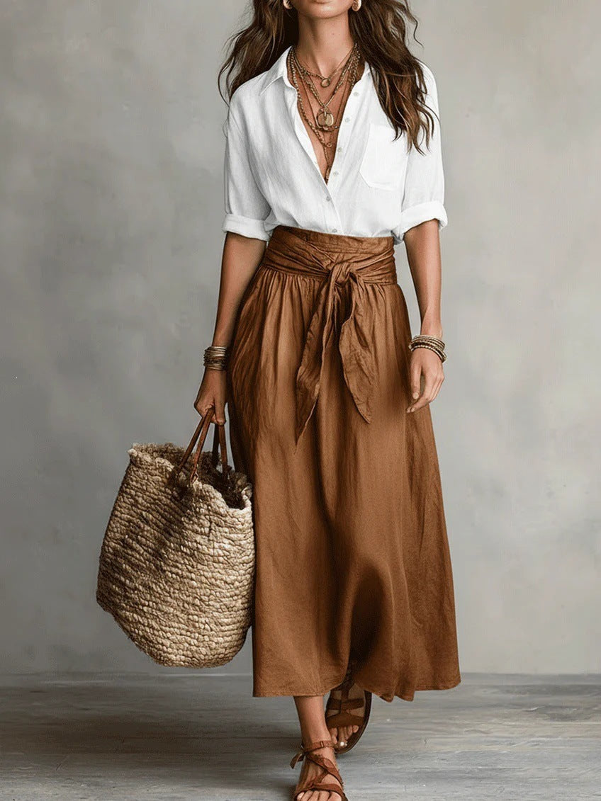 Conjunto Camisa Negra y Falda Midi Verde Oliva | Camila Lopez
