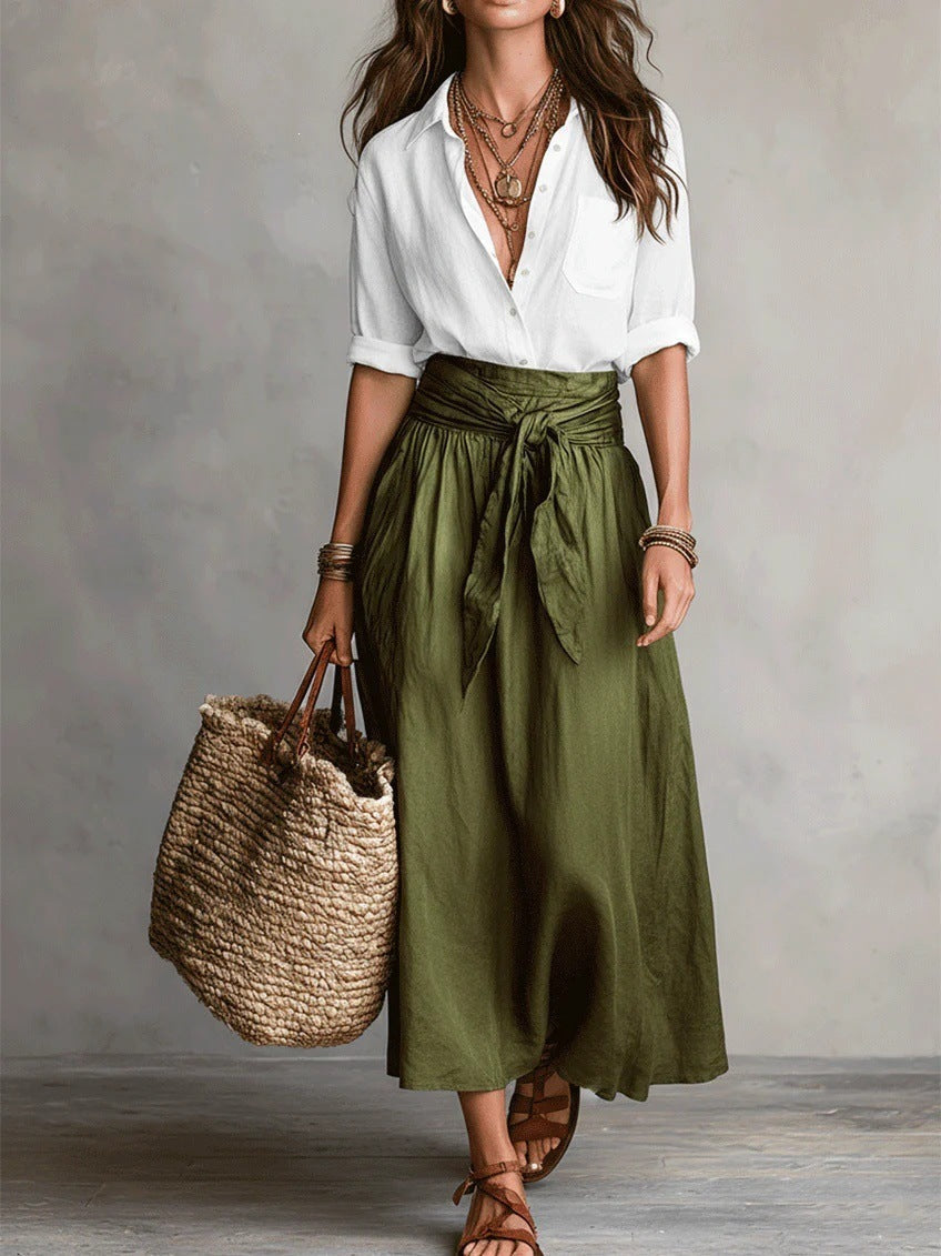Conjunto Camisa Negra y Falda Midi Verde Oliva | Camila Lopez