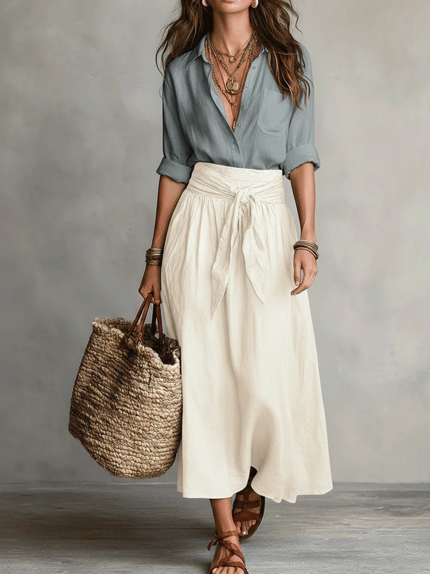 Conjunto Camisa Negra y Falda Midi Verde Oliva | Camila Lopez