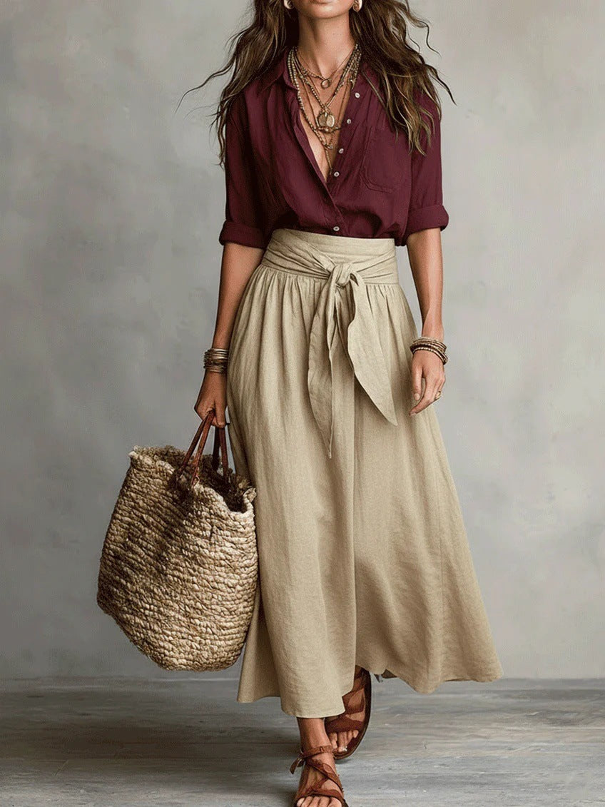 Conjunto Camisa Negra y Falda Midi Verde Oliva | Camila Lopez