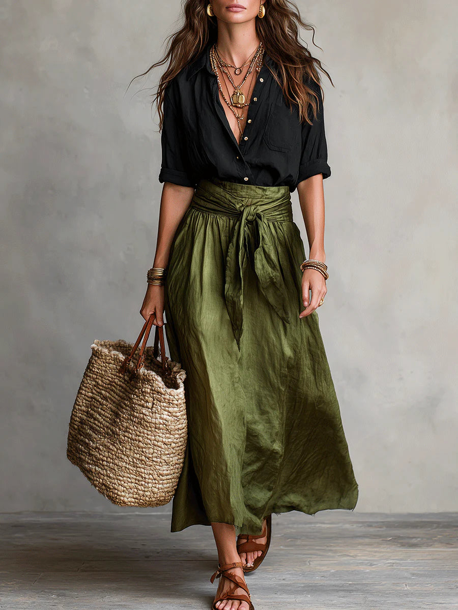 Conjunto Camisa Negra y Falda Midi Verde Oliva | Camila Lopez