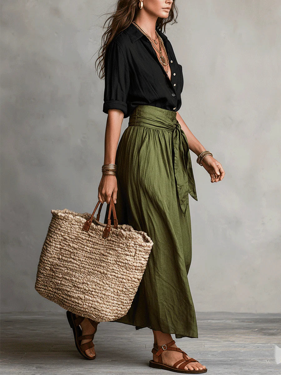 Conjunto Camisa Negra y Falda Midi Verde Oliva | Camila Lopez