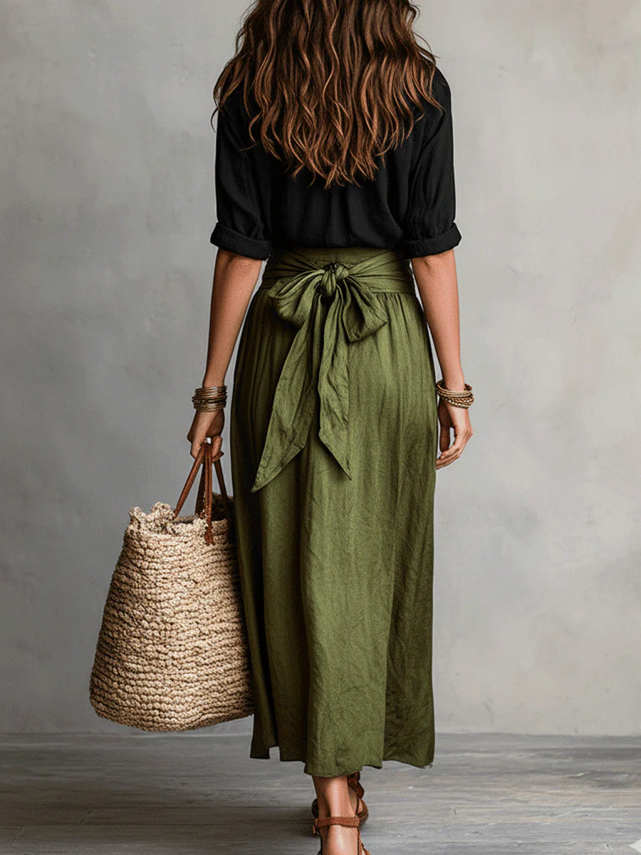 Conjunto Camisa Negra y Falda Midi Verde Oliva | Camila Lopez