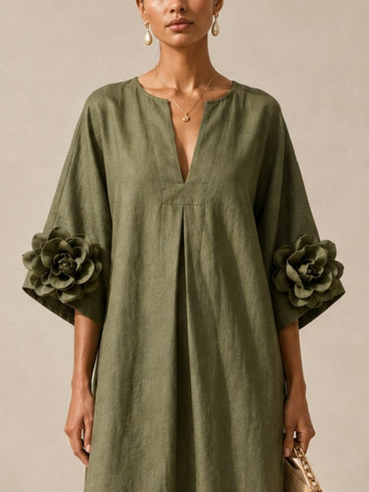 Donatella – Abito Midi Verde Oliva con Scollo a V e Maniche Floreali Stravaganti