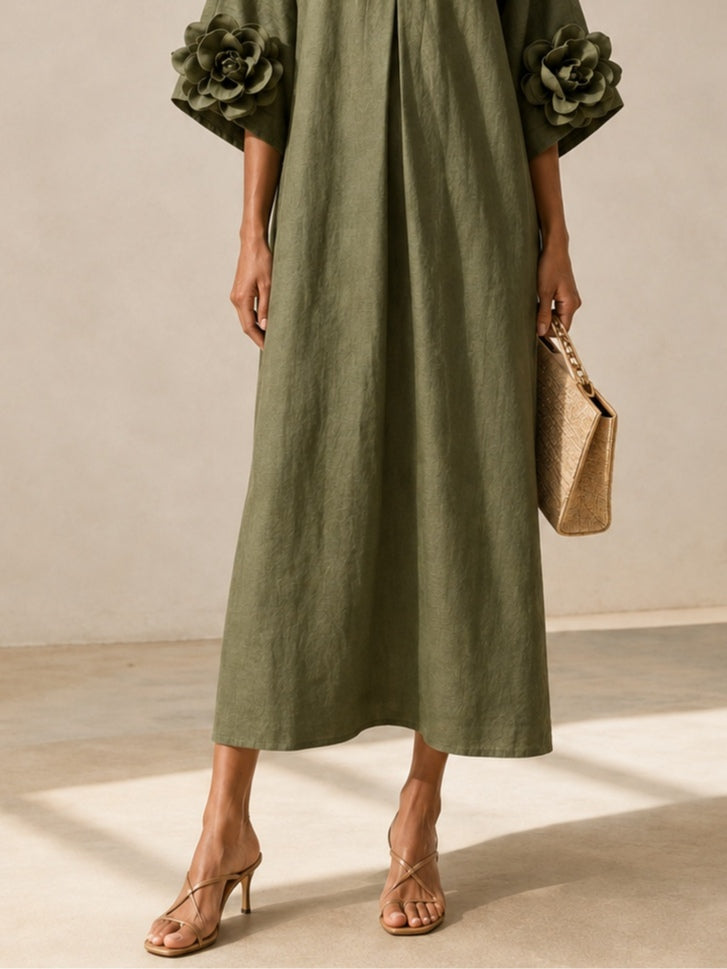 Donatella – Abito Midi Verde Oliva con Scollo a V e Maniche Floreali Stravaganti