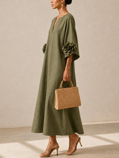 Donatella – Abito Midi Verde Oliva con Scollo a V e Maniche Floreali Stravaganti