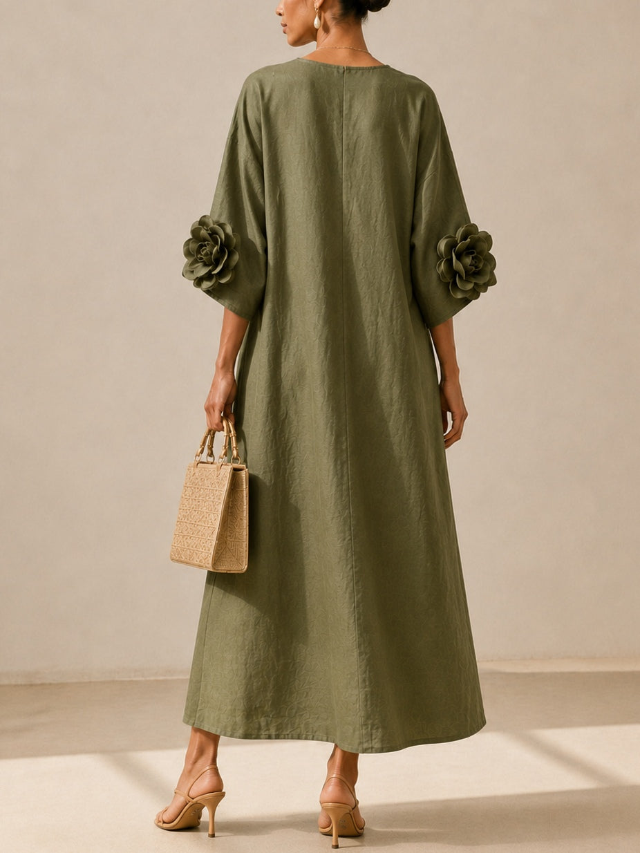 Donatella – Abito Midi Verde Oliva con Scollo a V e Maniche Floreali Stravaganti