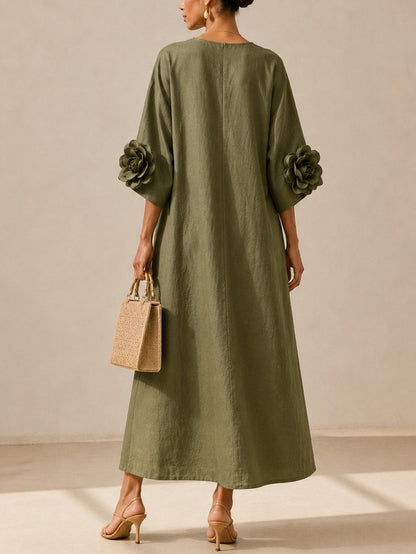 Donatella – Abito Midi Verde Oliva con Scollo a V e Maniche Floreali Stravaganti