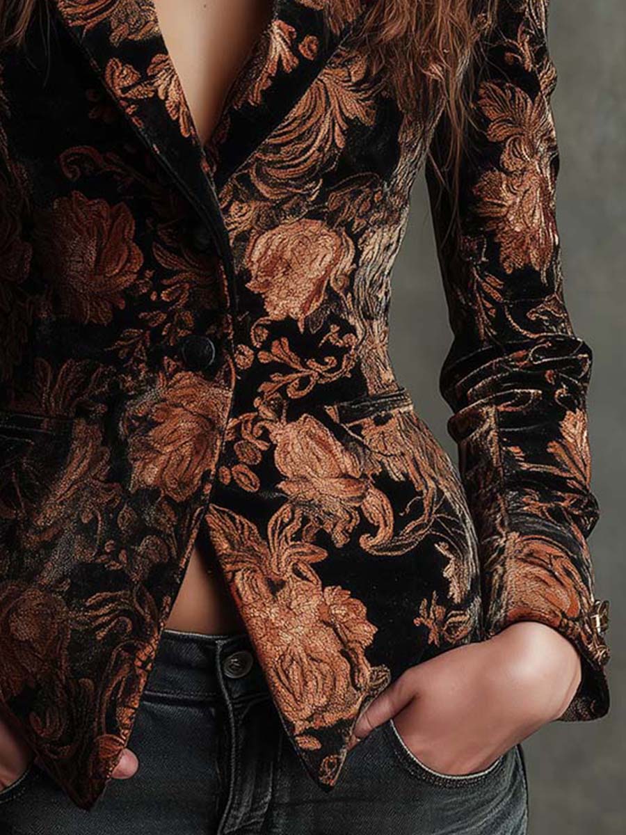 Sofia | Blazer Sartoriale con Stampa Floreale Nera e Bronzo