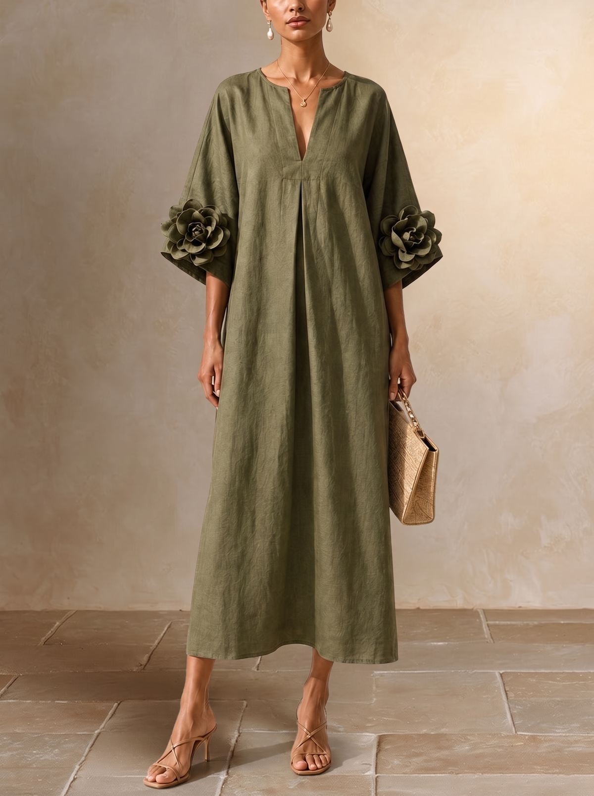 Donatella – Abito Midi Verde Oliva con Scollo a V e Maniche Floreali Stravaganti