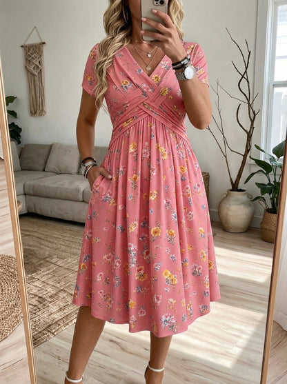 Ilaria – Abito Floreale con Scollo a V e Vita Intrecciata