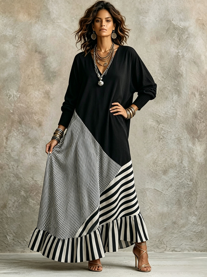 Gilda – Abito Lungo Chic Nero a Righe