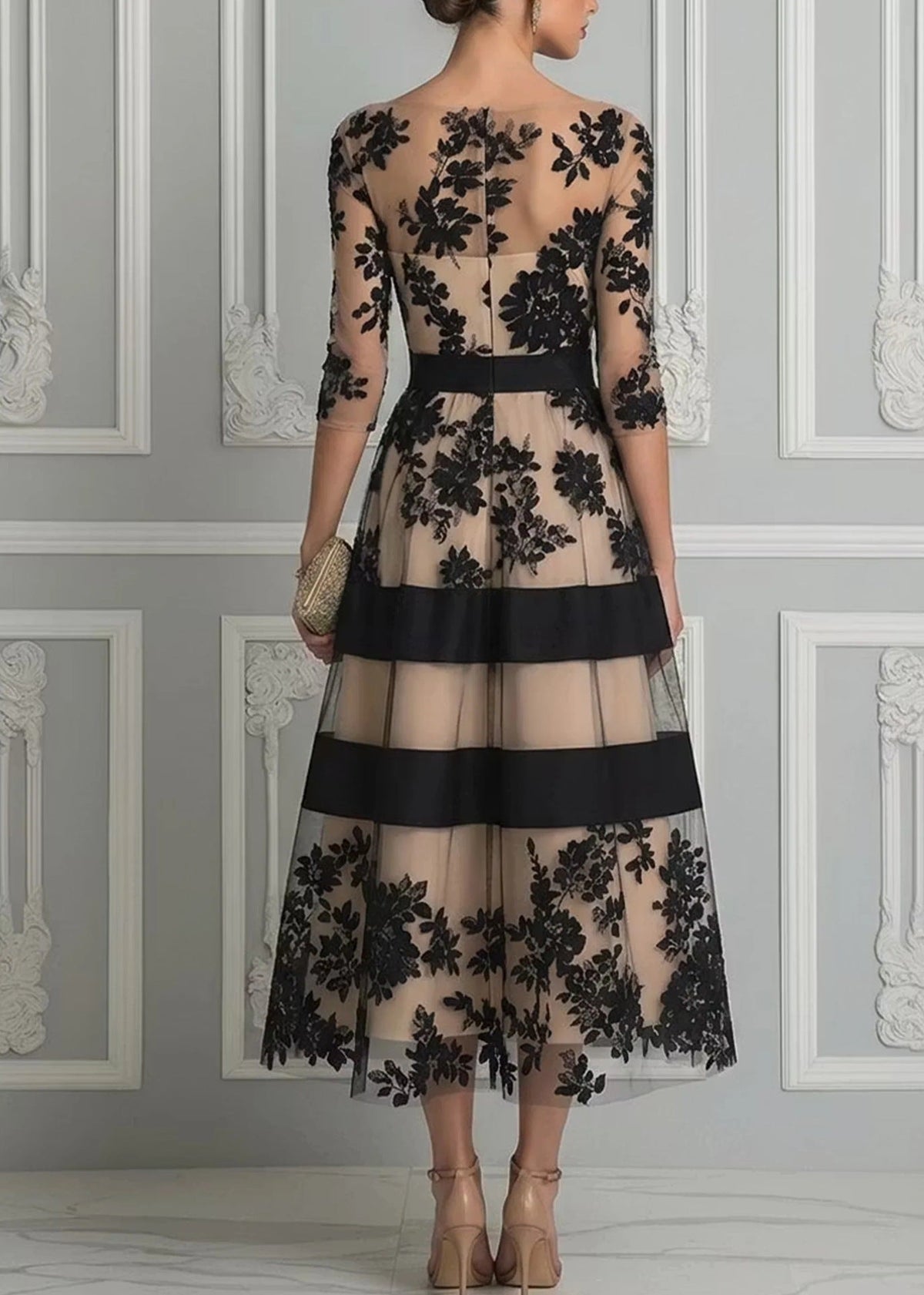 Erica – Abito da Sera Midi Elegante con Pizzo Floreale e Tulle
