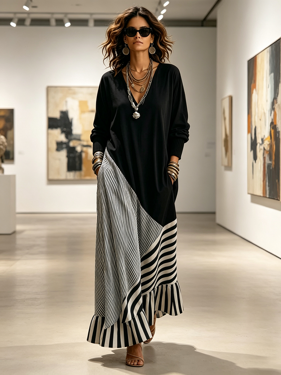 Gilda – Abito Lungo Chic Nero a Righe