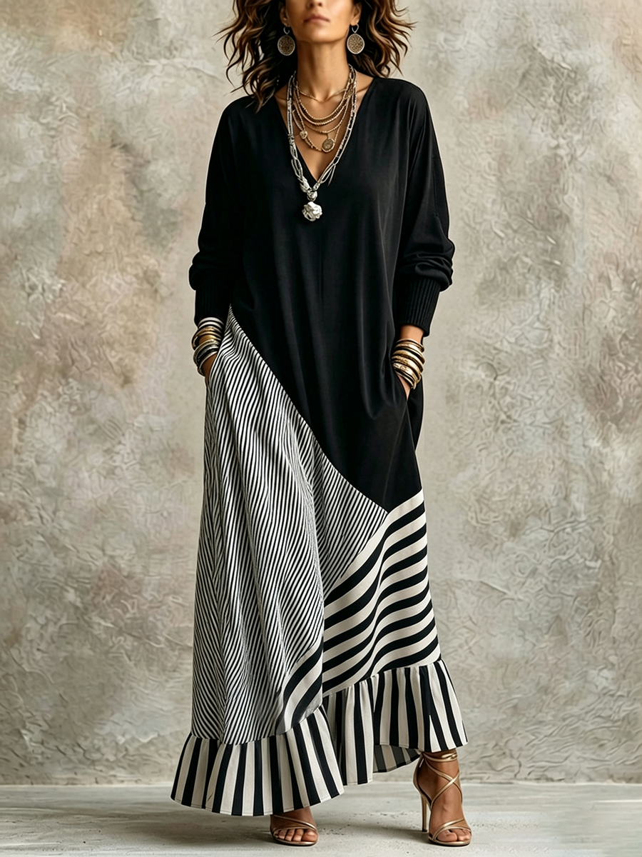 Gilda – Abito Lungo Chic Nero a Righe