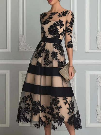 Erica – Abito da Sera Midi Elegante con Pizzo Floreale e Tulle