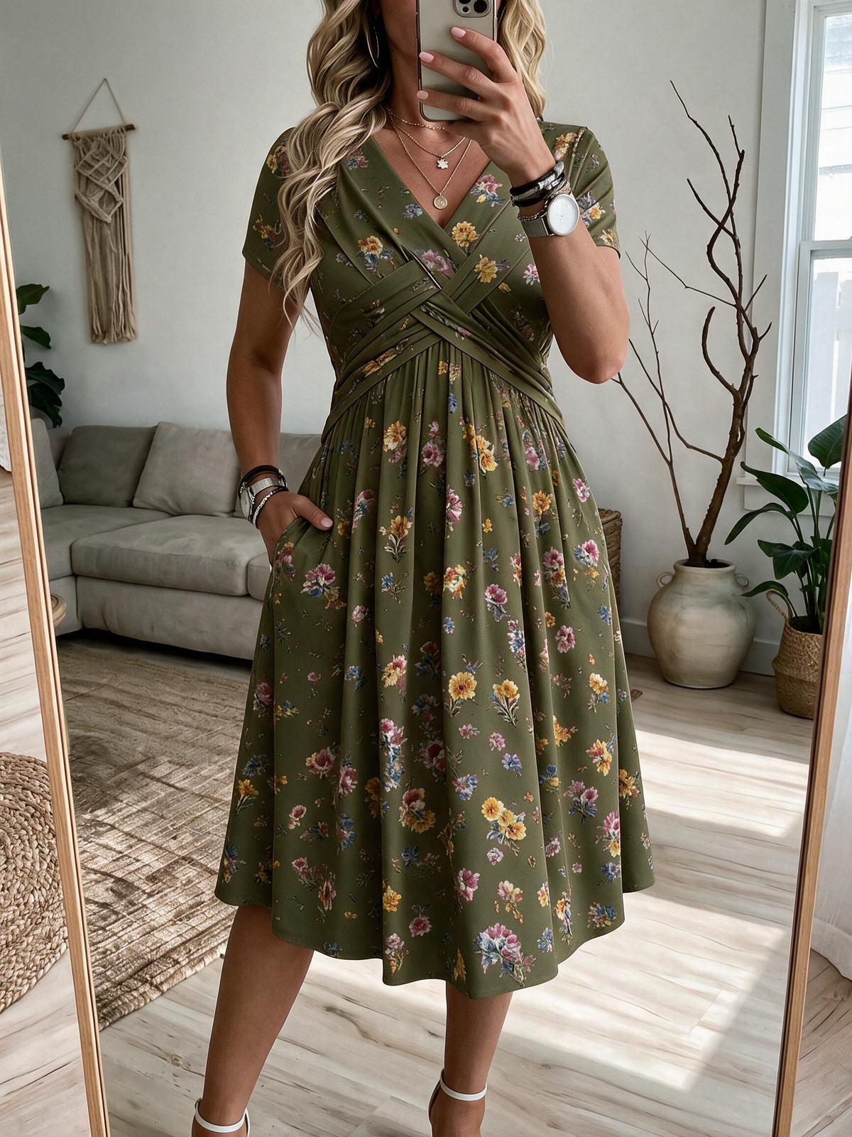Ilaria – Abito Floreale con Scollo a V e Vita Intrecciata