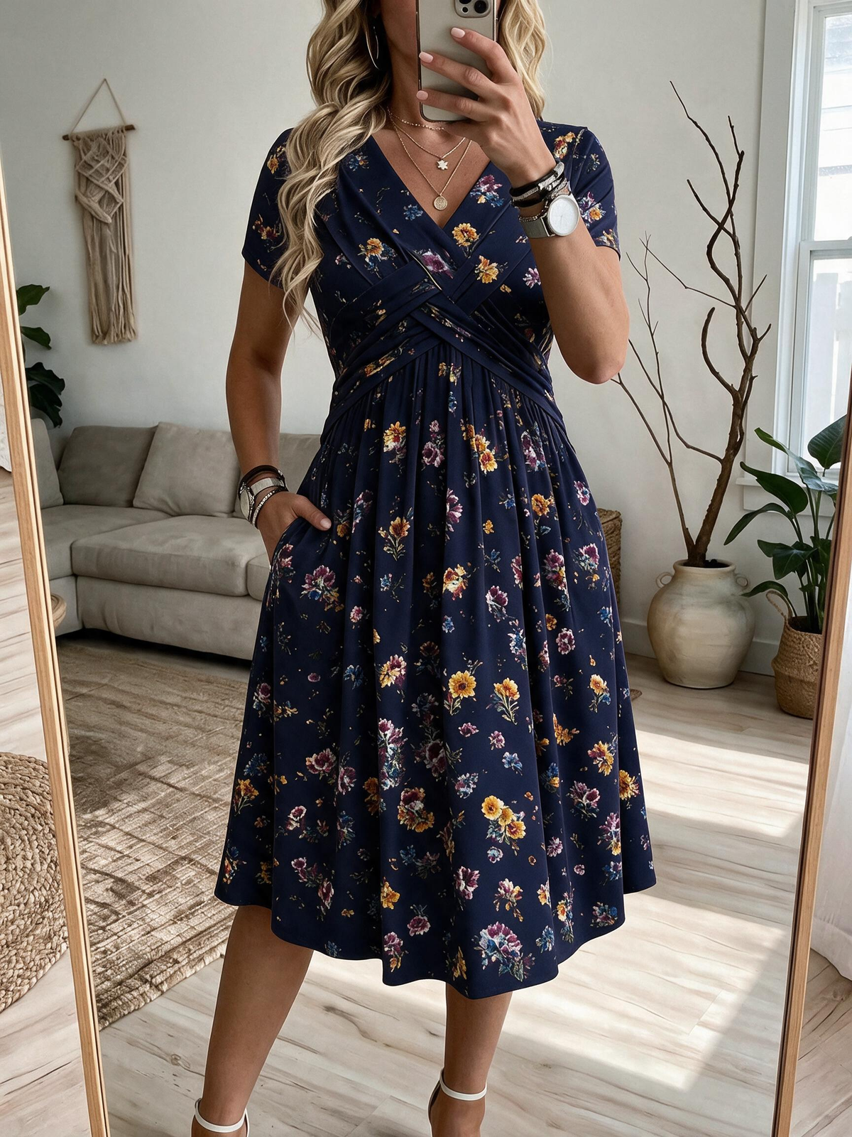 Ilaria – Abito Floreale con Scollo a V e Vita Intrecciata