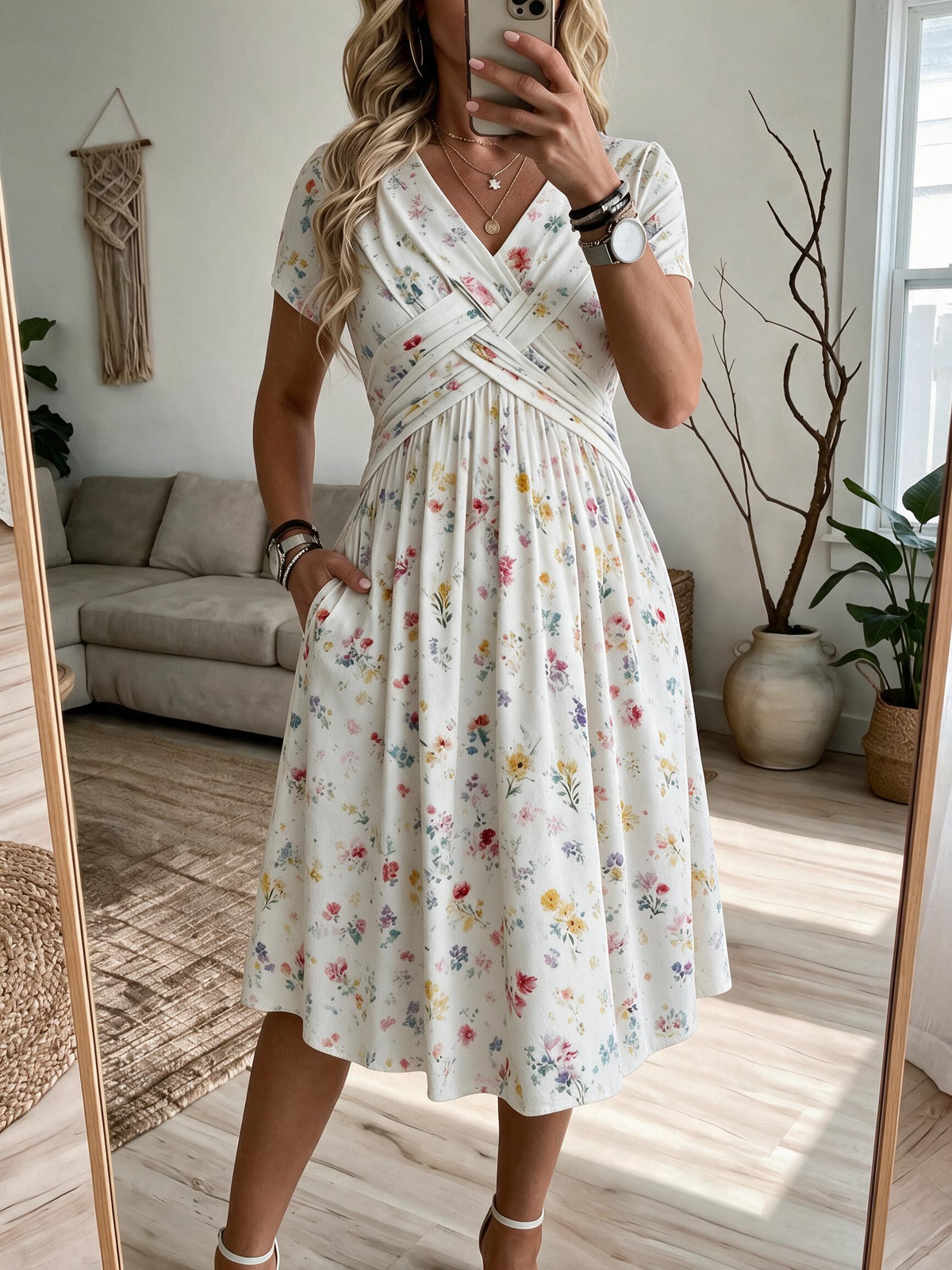Ilaria – Abito Floreale con Scollo a V e Vita Intrecciata