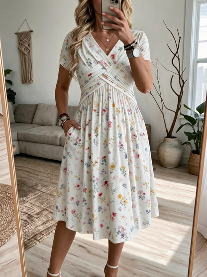 Ilaria – Abito Floreale con Scollo a V e Vita Intrecciata